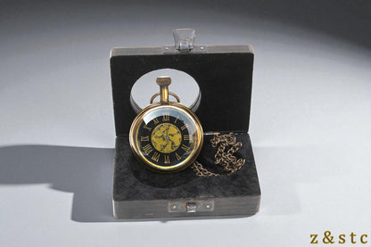 Classic Brass Pocket Watch with Black Wood Box – Retro Gifting Idea