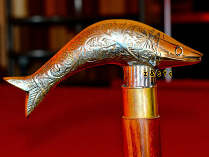 Unique Fish Head Walking Stick – Brass Handle & Wooden Cane – Foldable Design