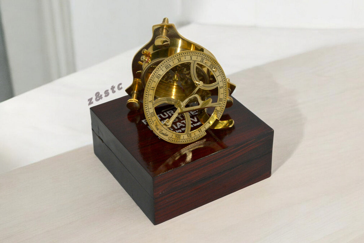 Brass Sundial Compass for Hiking Vintage Nautical Compass with Wooden box