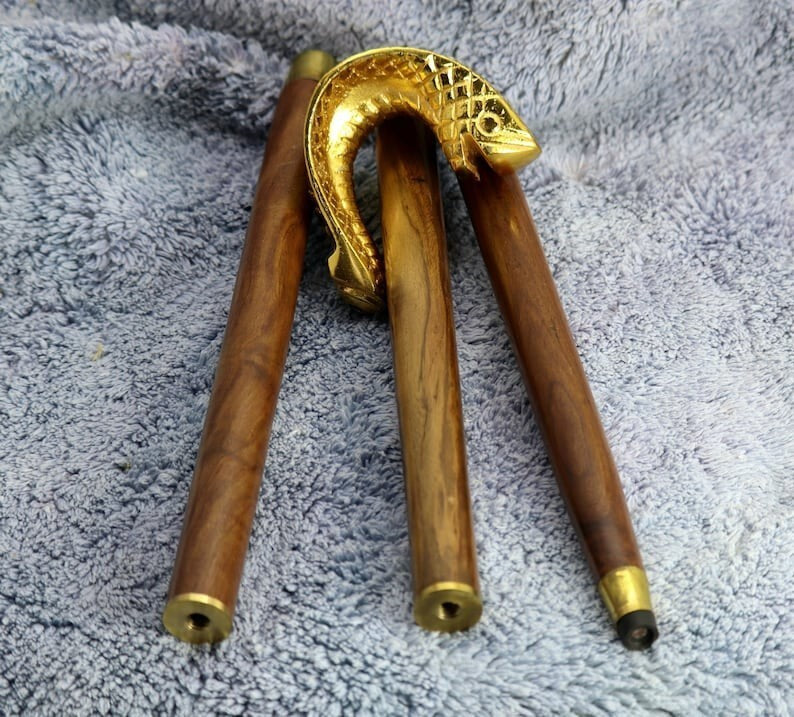 Victorian Brass Snake Head Walking Stick Wooden Cane Handmade 3 Fold