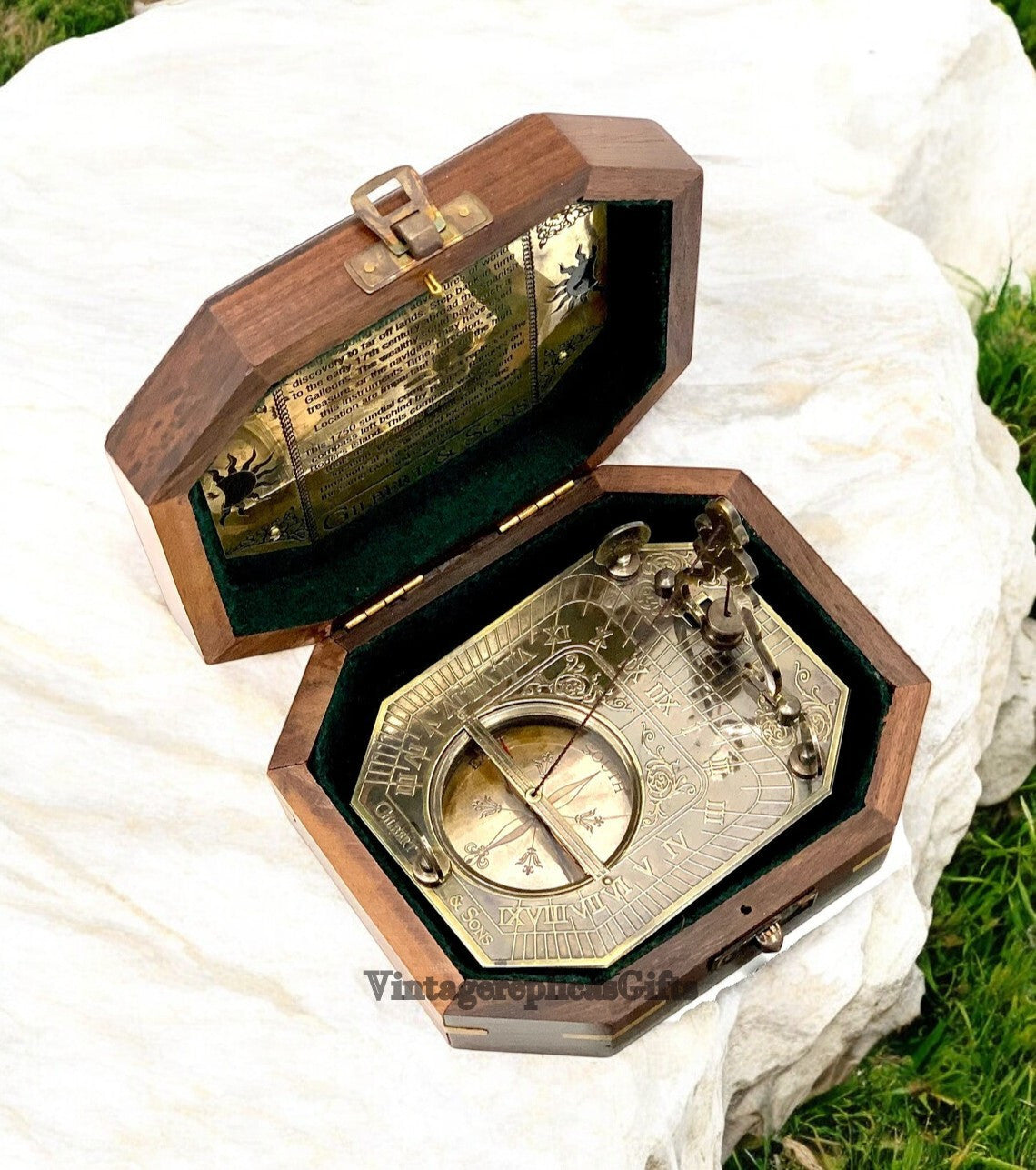 Antique Brass Pendulum Sundial Compass w/ Wooden Box Vintage Style Nautical Gift