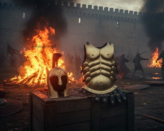 VintageReplicasGifts Black Medieval Troy Muscle Armor Cuirass & Helmet Set - 18G