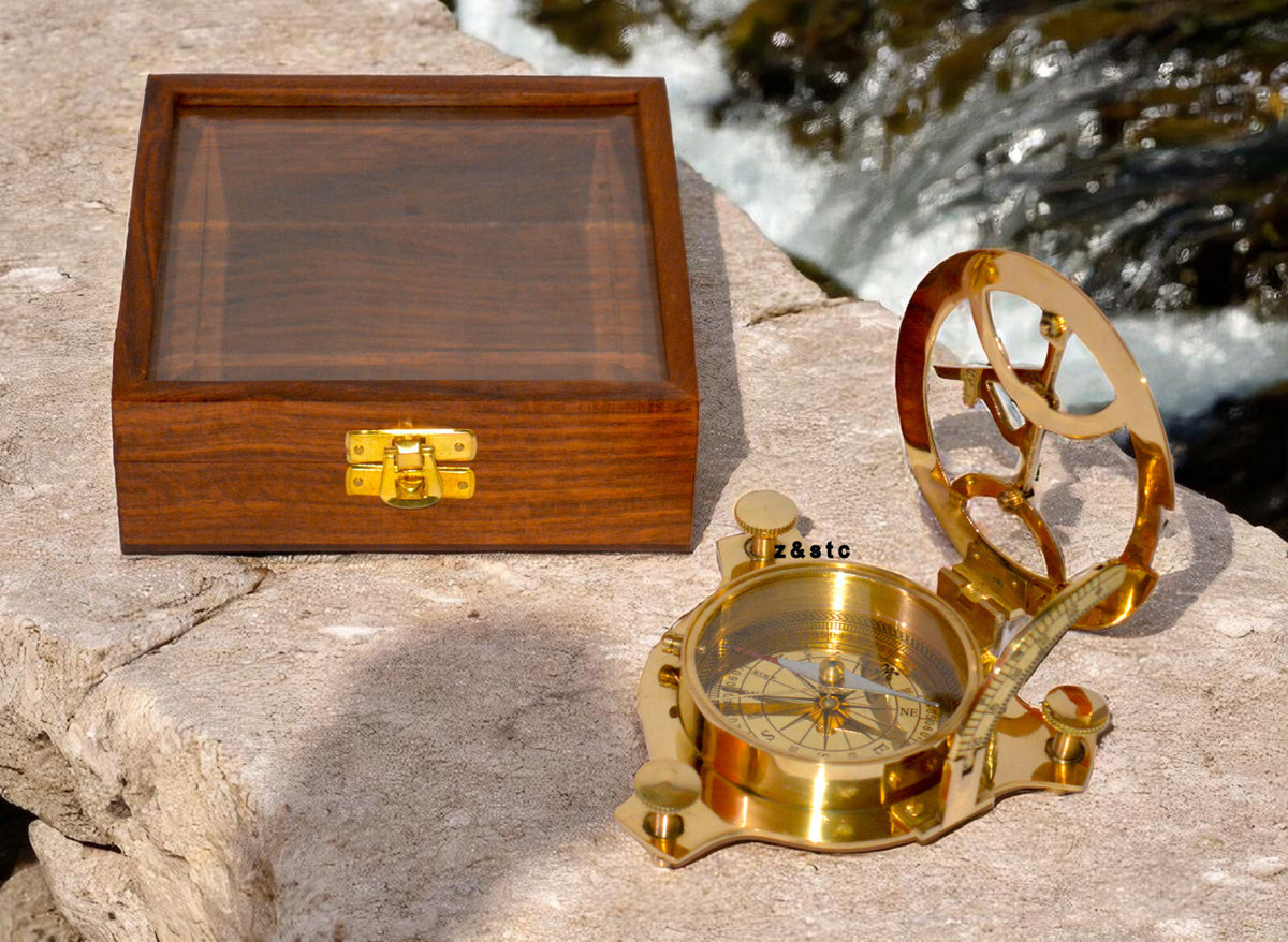 Marine Brass Compass with Wooden Display Case | Antique Nautical Gift Idea