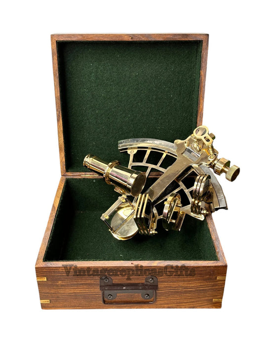 Antique Replica 9" Brass Sextant  Nautical Decor & Navigation Tool W/ wooden Box