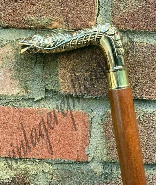Snake Head Brass Handle Cane 3 Ft Wooden Walking Stick Vintage Nautical Gift