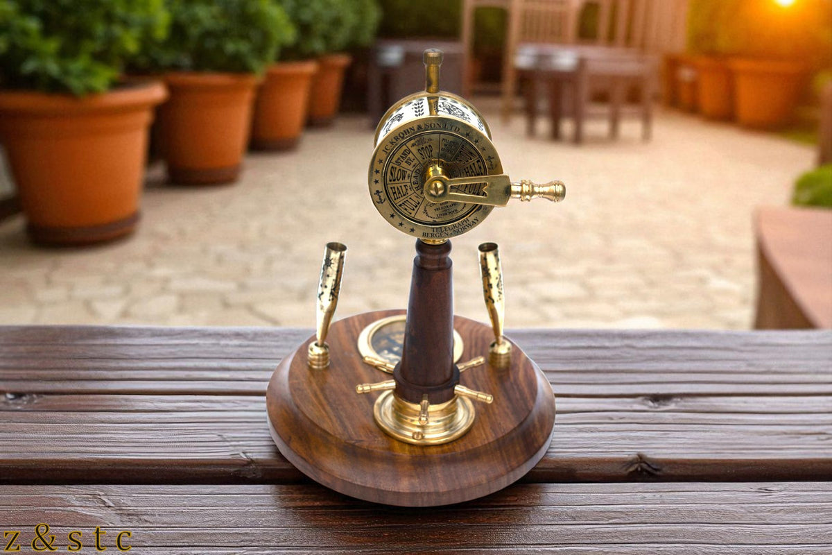 Wooden Brass Pen Holder with Built in Watch, Compass & Telegraph Decorative item