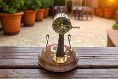 Wooden Brass Pen Holder with Built in Watch, Compass & Telegraph Decorative item
