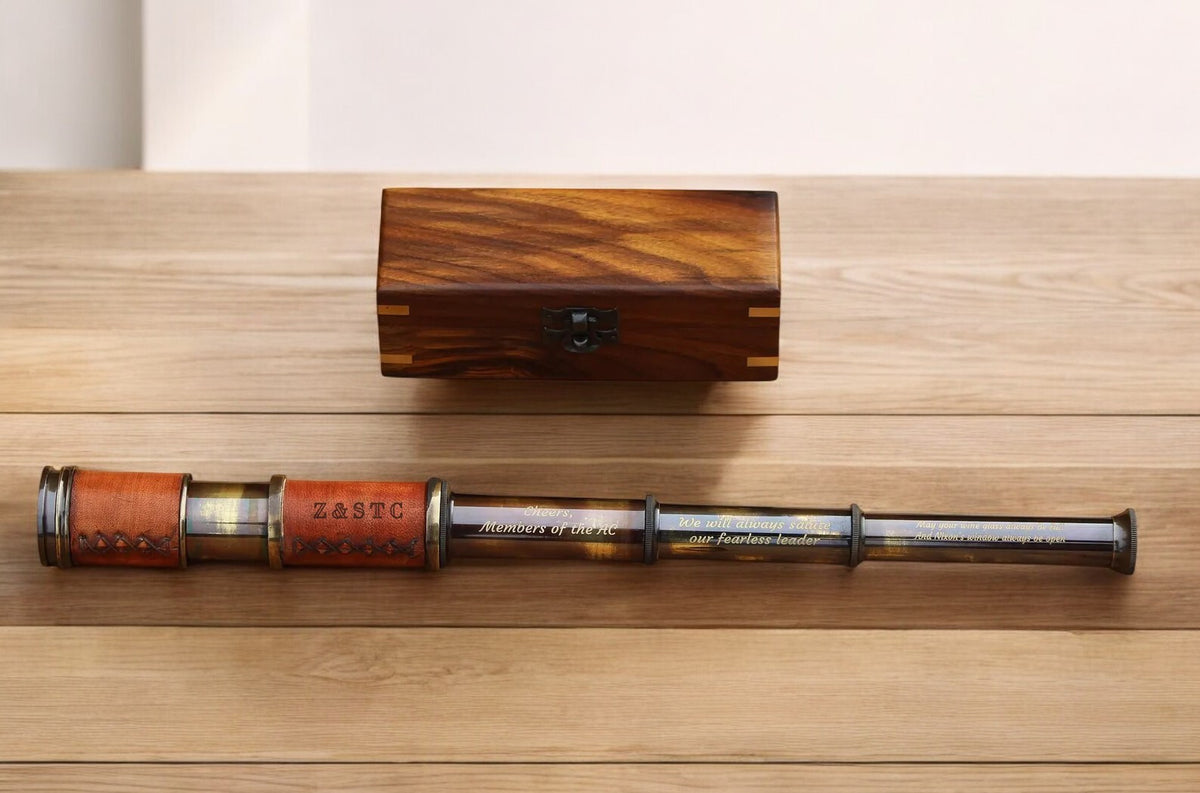 Vintage Brass And Leather 16" Telescope Spyglass Scope Maritime With Wooden Box