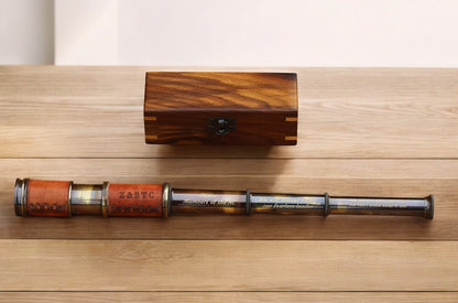 Vintage Brass And Leather 16" Telescope Spyglass Scope Maritime With Wooden Box