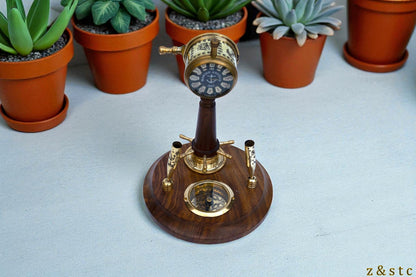 Wooden Brass Pen Holder with Built in Watch, Compass & Telegraph Decorative item