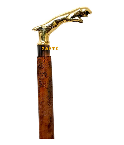 Handcrafted Wooden Walking Stick – Brass Lion Head Handle, Vintage Cane for Men,