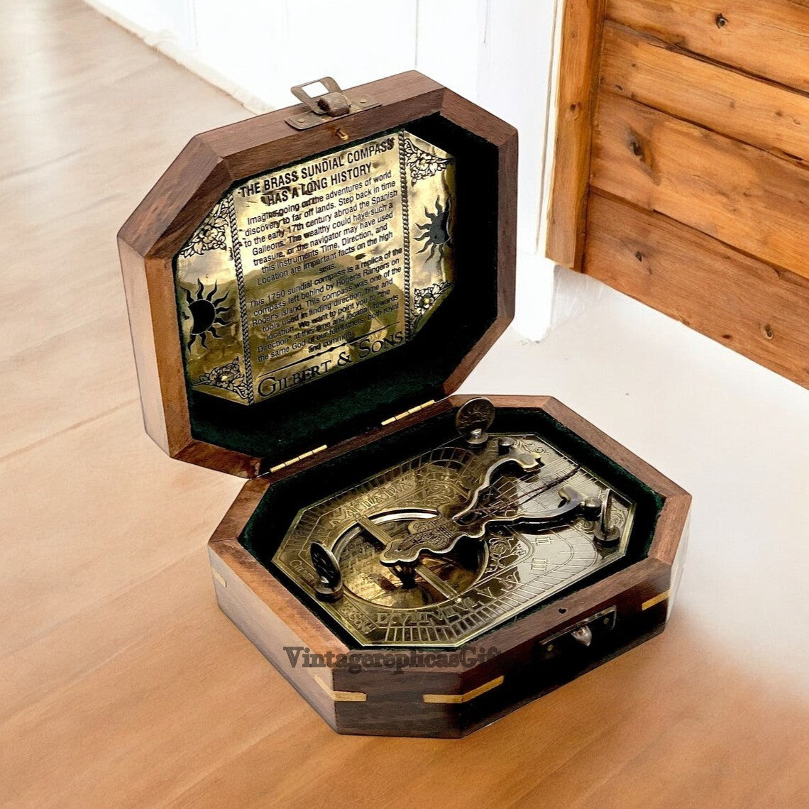 Antique Brass Pendulum Sundial Compass w/ Wooden Box Vintage Style Nautical Gift