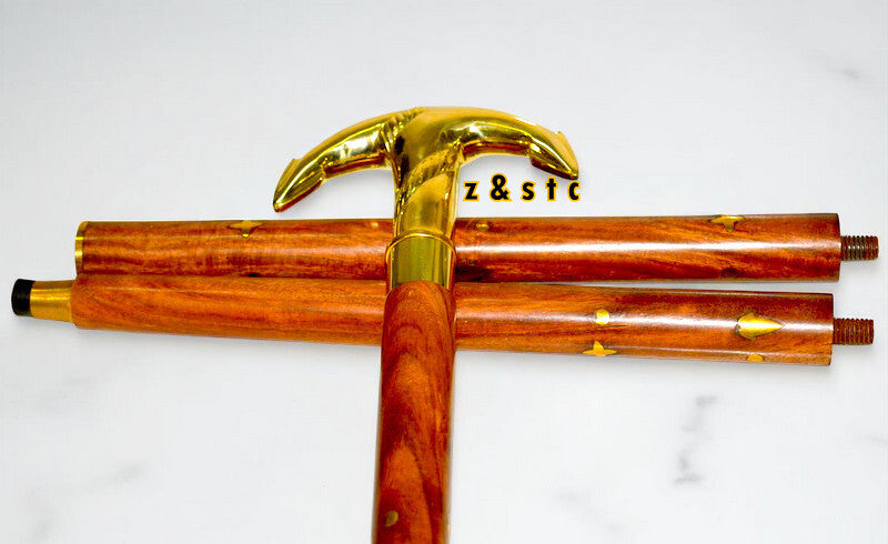 Handcrafted Wooden Walking Stick with Shiny Brass Handle