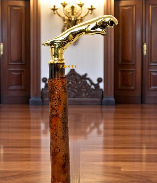 Handcrafted Wooden Walking Stick – Brass Lion Head Handle, Vintage Cane for Men,