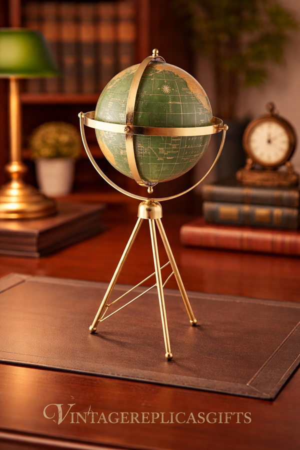 8” Blue World Globe with Gold Ring Tripod Stand Rotating 360° Desk Decor Vintage