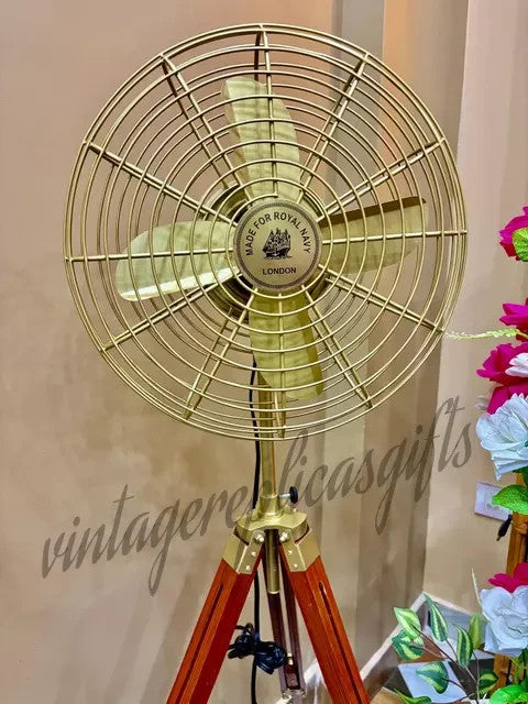 Vintage Brass Tripod Floor Fan 54” | Industrial Wooden Stand Retro Electric Fan