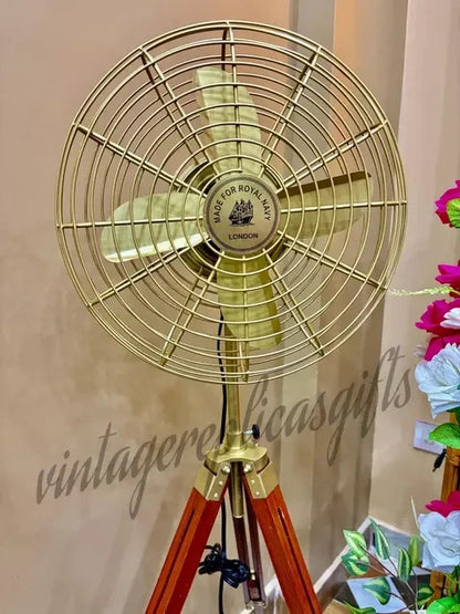 Vintage Brass Tripod Floor Fan 54” | Industrial Wooden Stand Retro Electric Fan