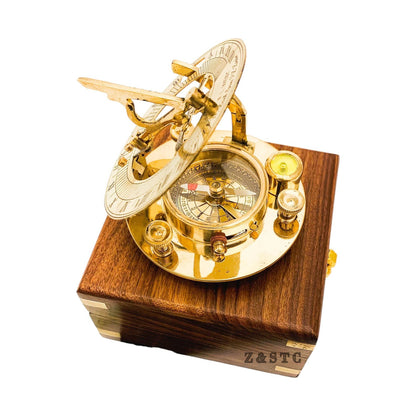 Vintage Brass Round Sundial compass 3" with Wooden box directional gift