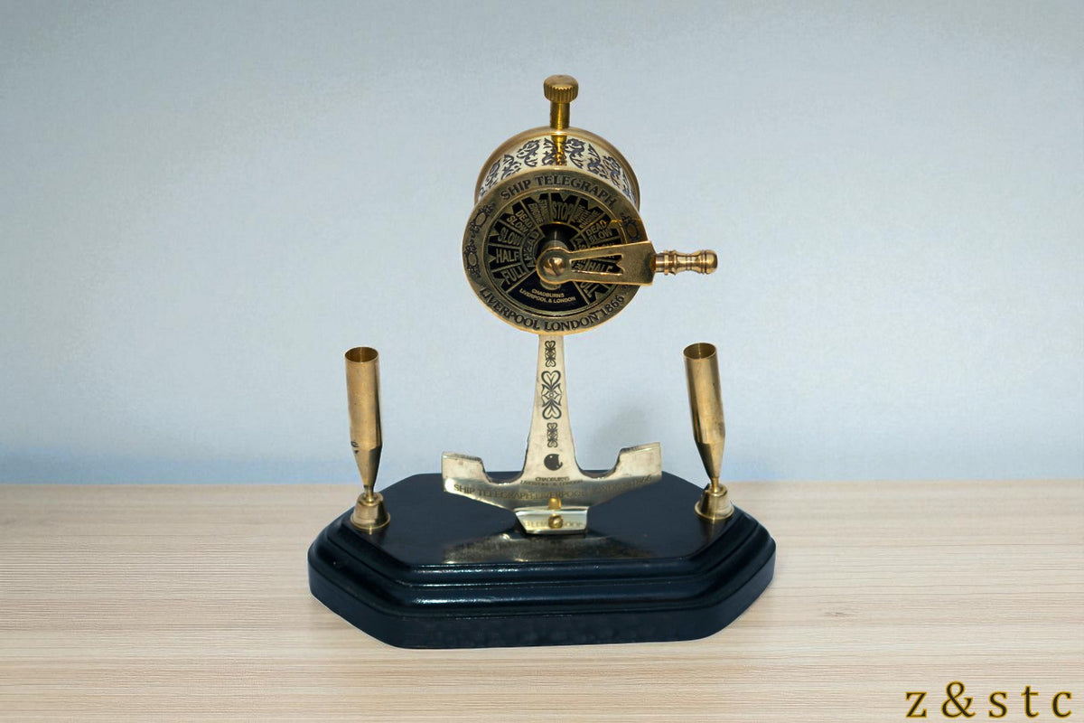 Brass Telegraph Figurine Pen Stand Vintage Watch Design Handmade Desk Organizer