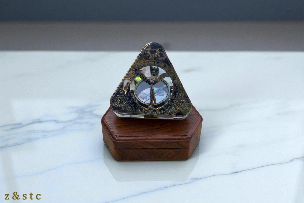 Gilbert & Sons Brass Sundial Compass – Vintage Triangular Design with Wooden Box