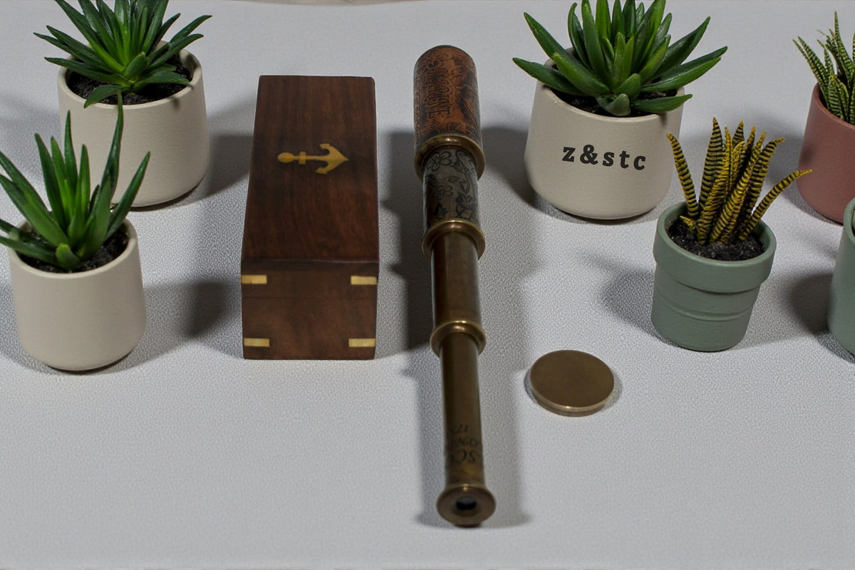 Nautical Brass Spyglass Telescope in Handcrafted Wooden Box – Maritime Decor