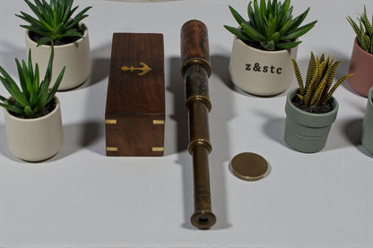 Nautical Brass Spyglass Telescope in Handcrafted Wooden Box – Maritime Decor