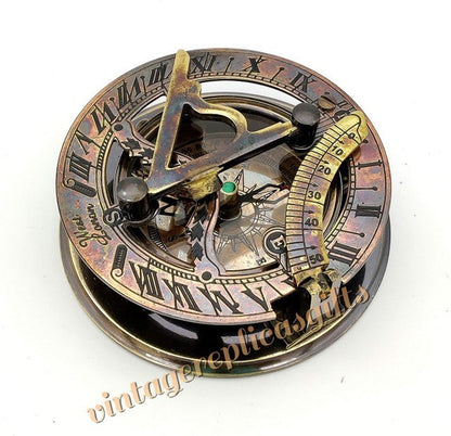 Vintage Brass sundial compass 3" with leather box directional collectible gift