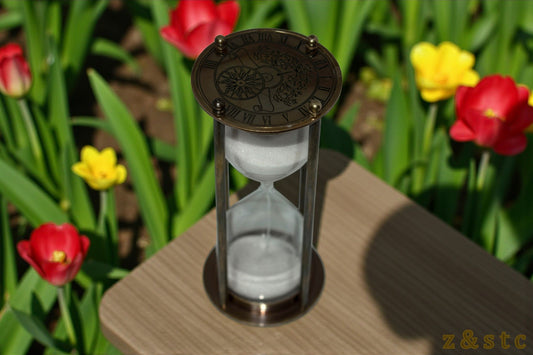 Decorative Antique Brass Hourglass Timer – 6" Sand Timer with 100-Year Calendar