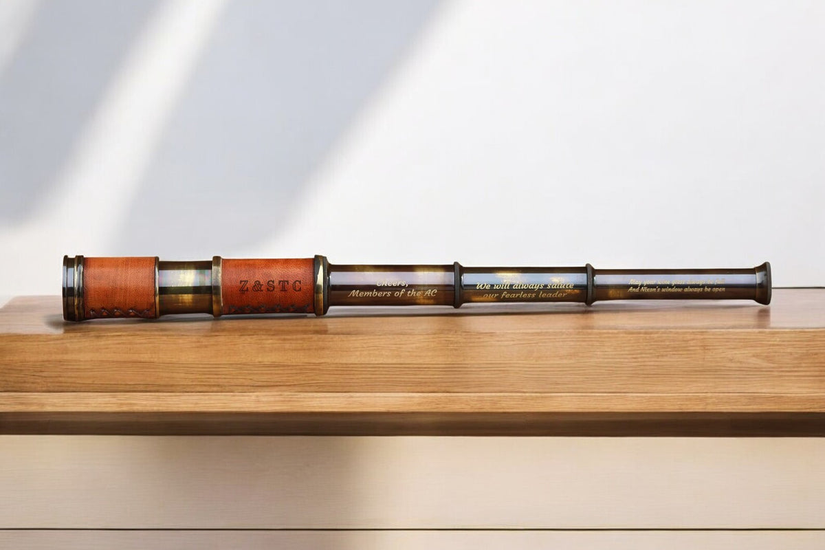 Vintage Brass And Leather 16" Telescope Spyglass Scope Maritime With Wooden Box