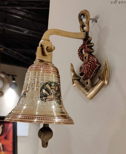 Vintage Brass Gate Entrance Bell Wall Mounted Anchor Design for Home' Temple etc