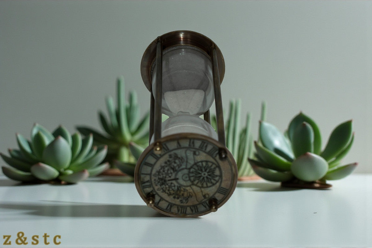 Decorative Antique Brass Hourglass Timer – 6" Sand Timer with 100-Year Calendar