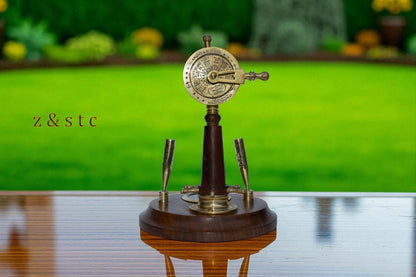 Wooden Brass Pen Holder with Built in Watch, Compass & Telegraph Decorative item