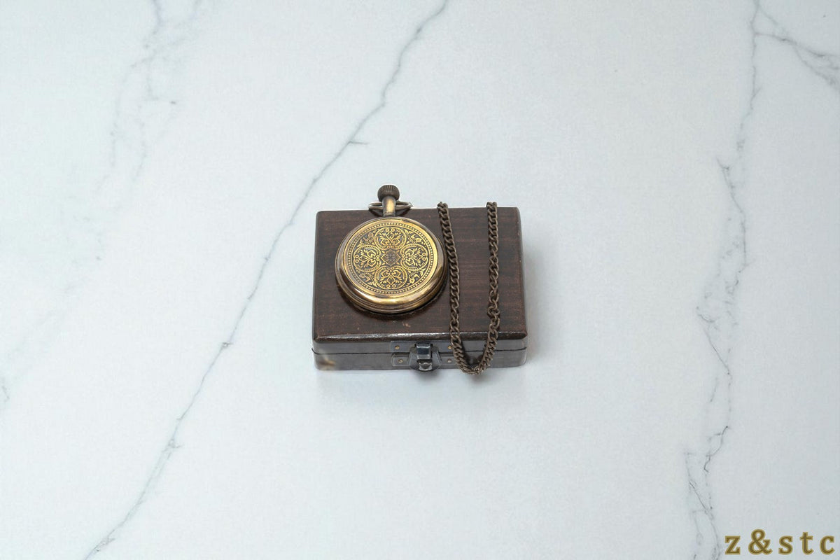 Classic Brass Pocket Watch with Black Wood Box – Retro Gifting Idea