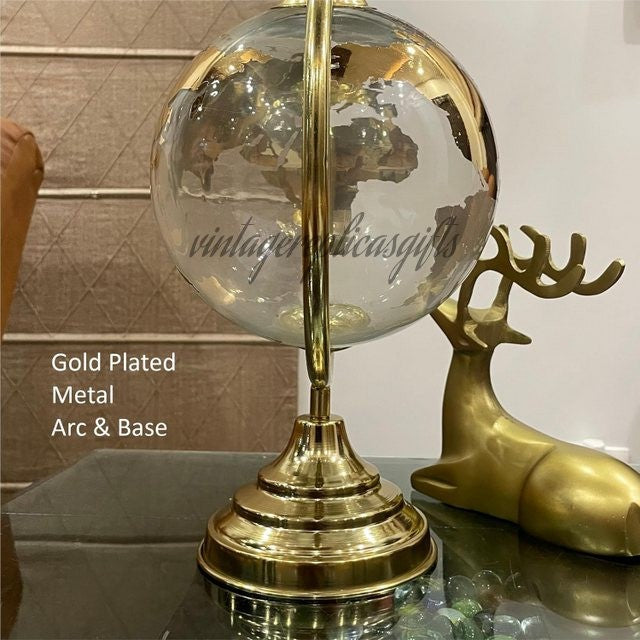 8” Glass World Globe with Metal Stand | Luxury Gold Desktop Globe Decor