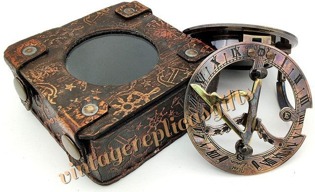 Vintage Brass sundial compass 3" with leather box directional collectible gift