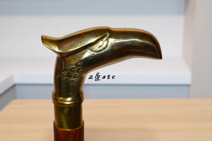Vintage Wooden Walking Stick with Brass Eagle Handle – 36" Cane for Men