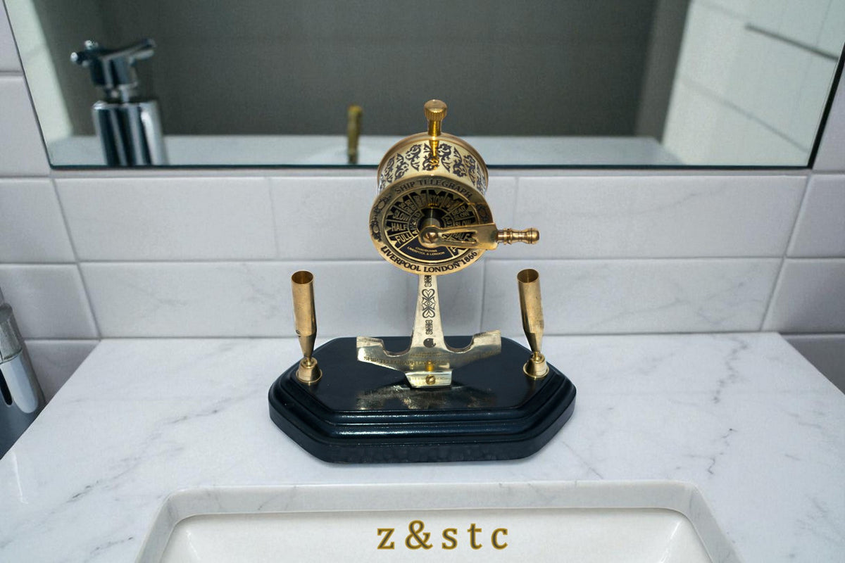 Brass Telegraph Figurine Pen Stand Vintage Watch Design Handmade Desk Organizer