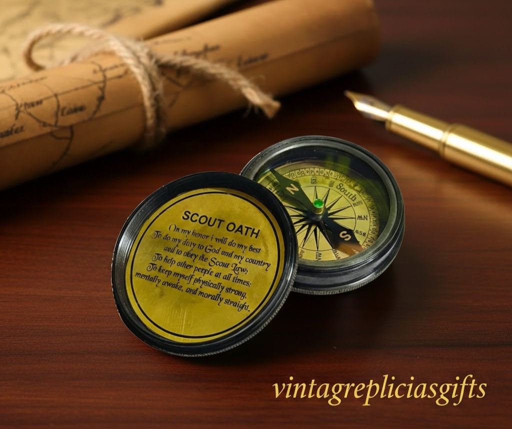 Antique Vintage Brass Boy Scout Compass with Wooden Box – Hiking & Camping Gear