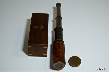 Nautical Brass Spyglass Telescope in Handcrafted Wooden Box – Maritime Decor