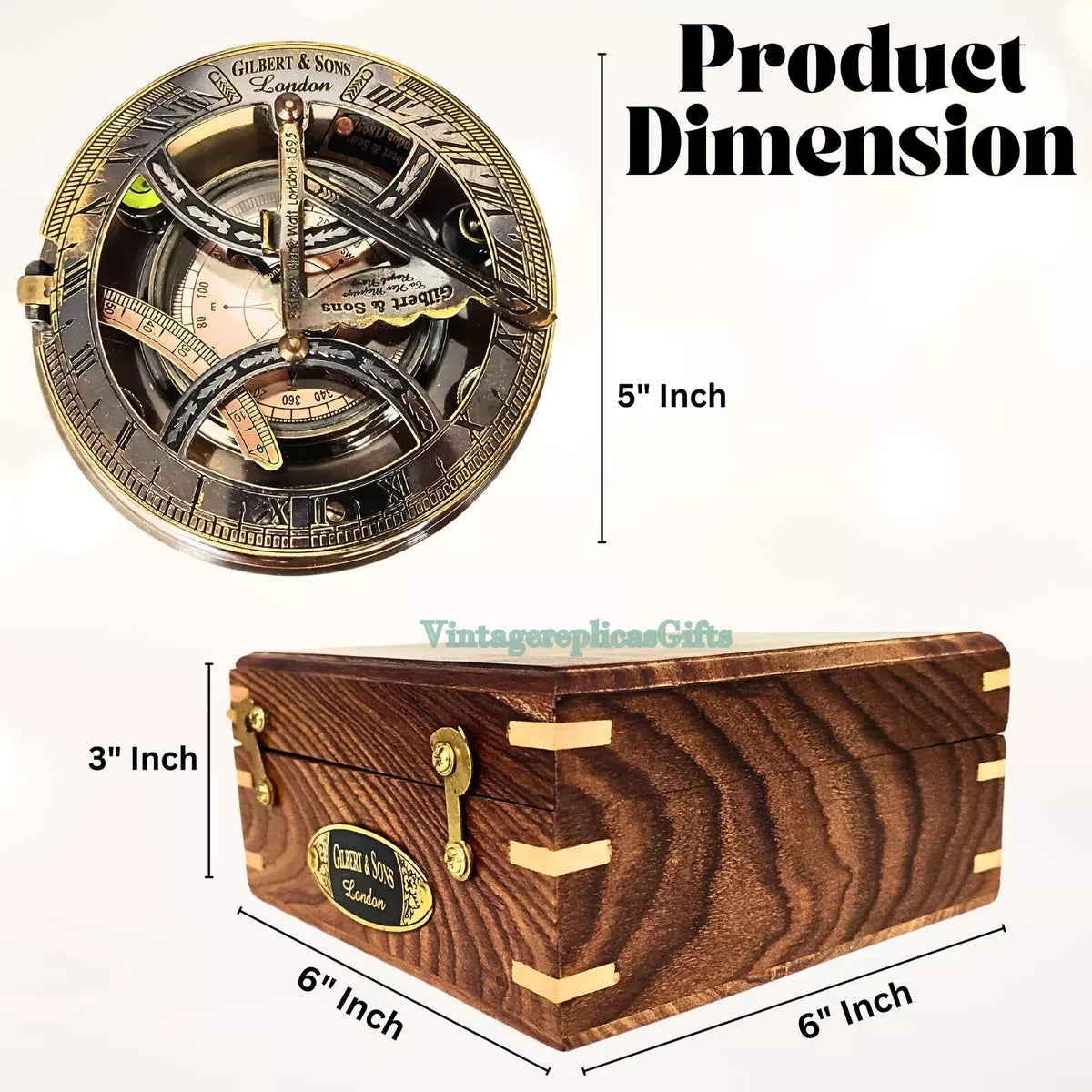 Gilbert & Sons 5" Brass Sundial Compass with Wooden Box - Antique Nautical Gift