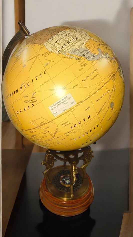 Vintage Brass Sphere World Map Globe with Wooden Base Antique Style decor Gift
