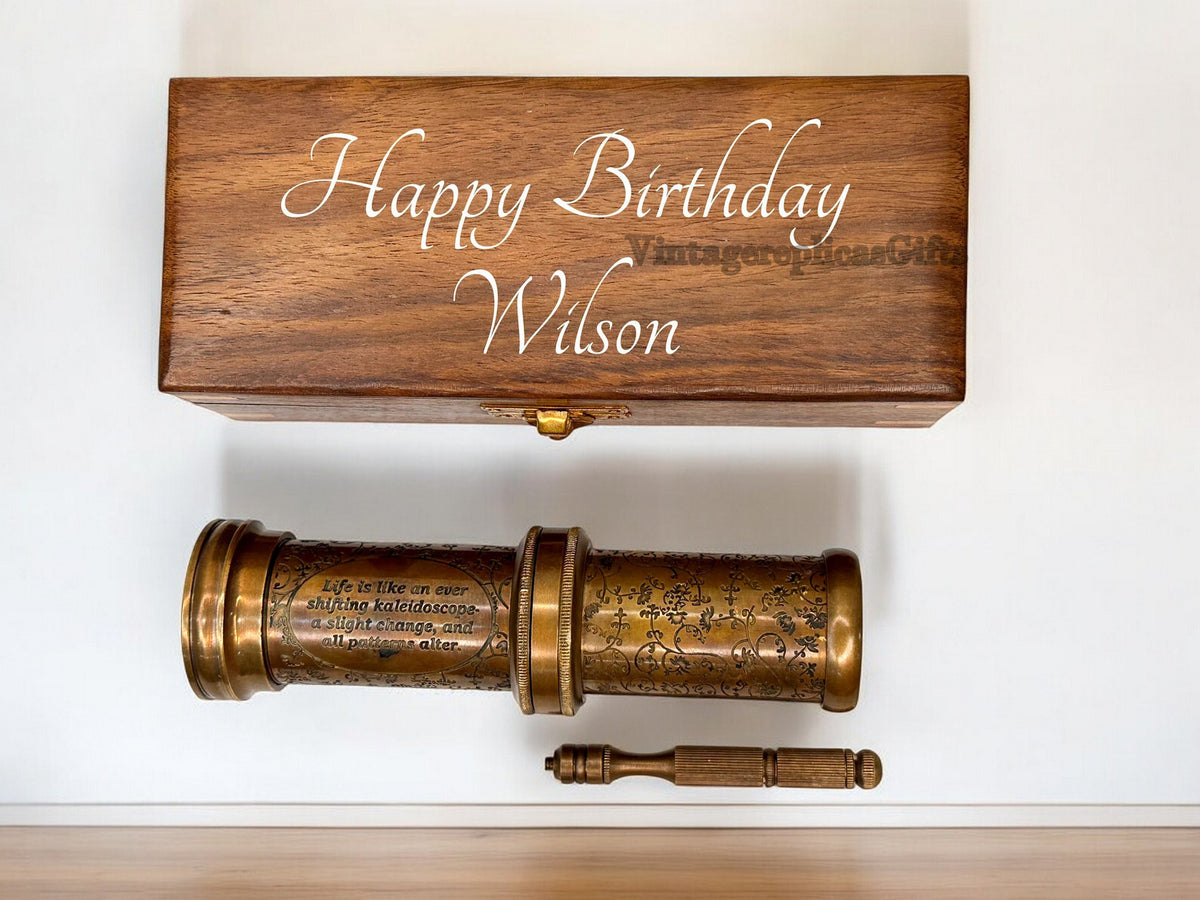 Vintage Brass Kaleidoscope w/ Wooden Box Engraved Custom Wedding Gift, Kids Toy