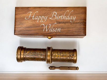 Vintage Brass Kaleidoscope w/ Wooden Box Engraved Custom Wedding Gift, Kids Toy