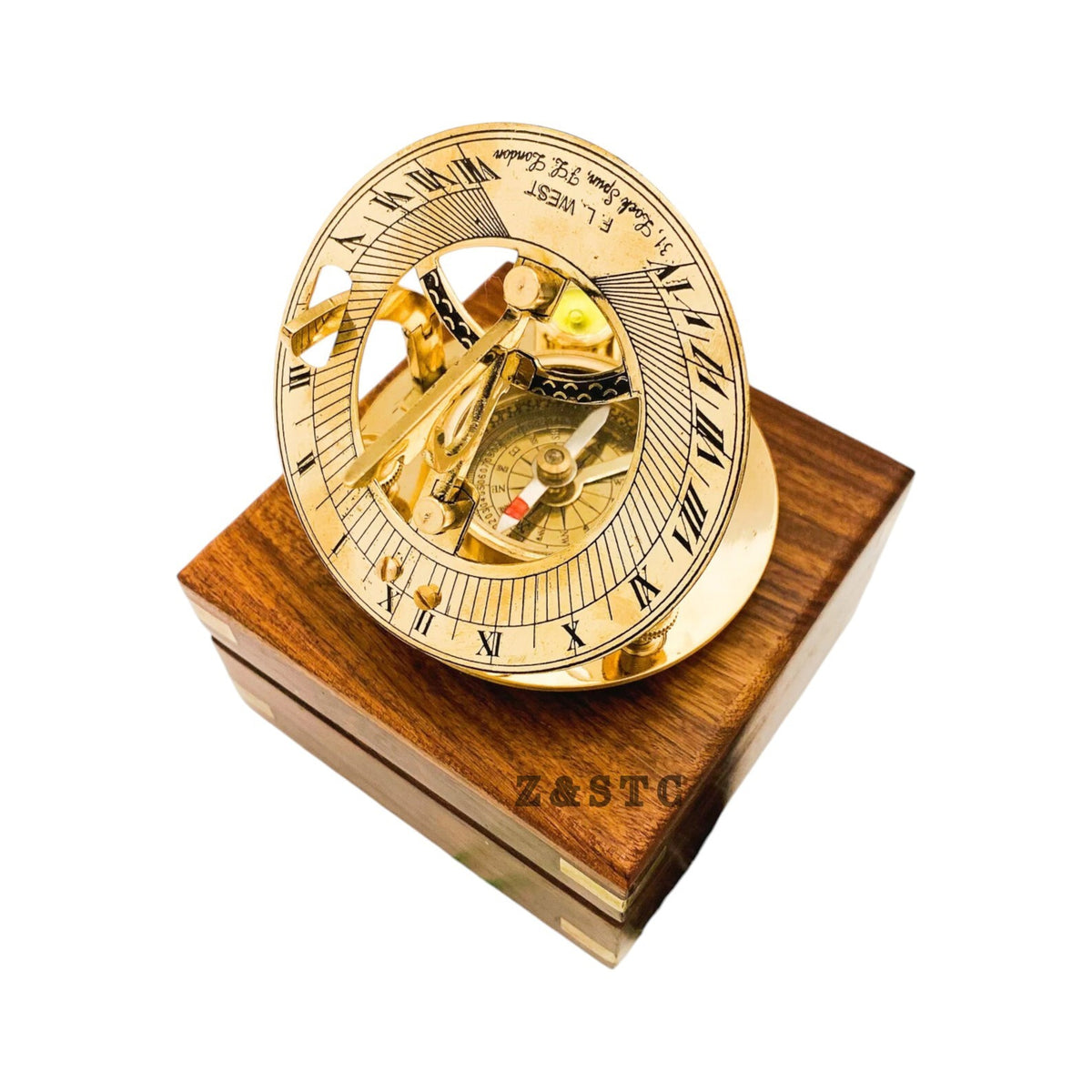 Vintage Brass Round Sundial compass 3" with Wooden box directional gift