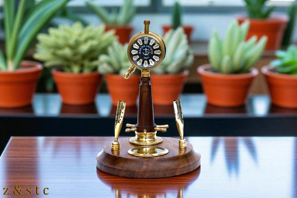 Wooden Brass Pen Holder with Built in Watch, Compass & Telegraph Decorative item