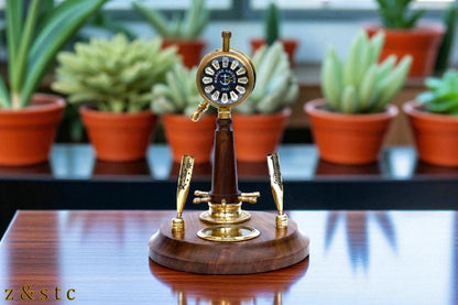 Wooden Brass Pen Holder with Built in Watch, Compass & Telegraph Decorative item