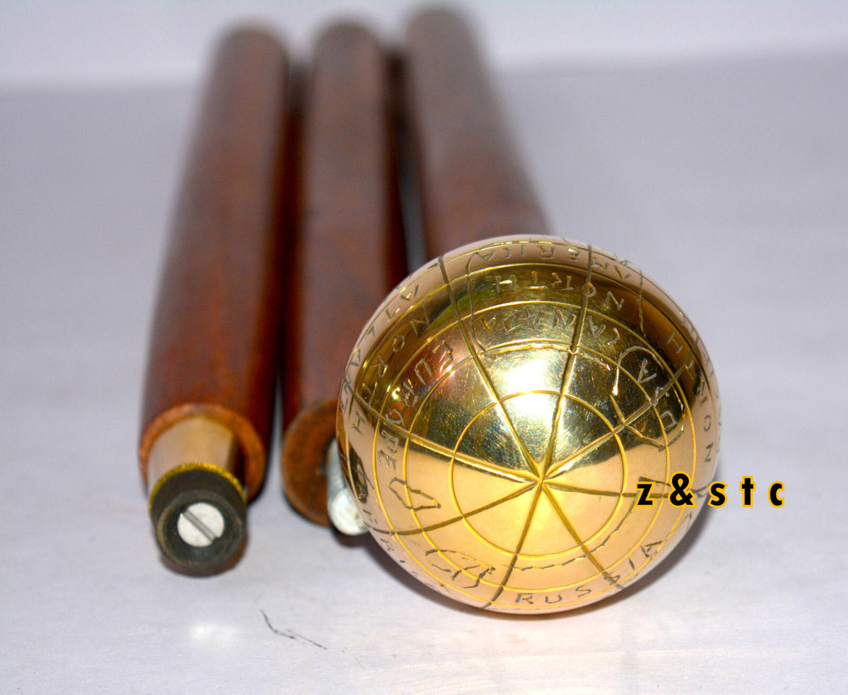 Vintage Brass Globe Head Walking Stick – Antique Style Wooden Cane