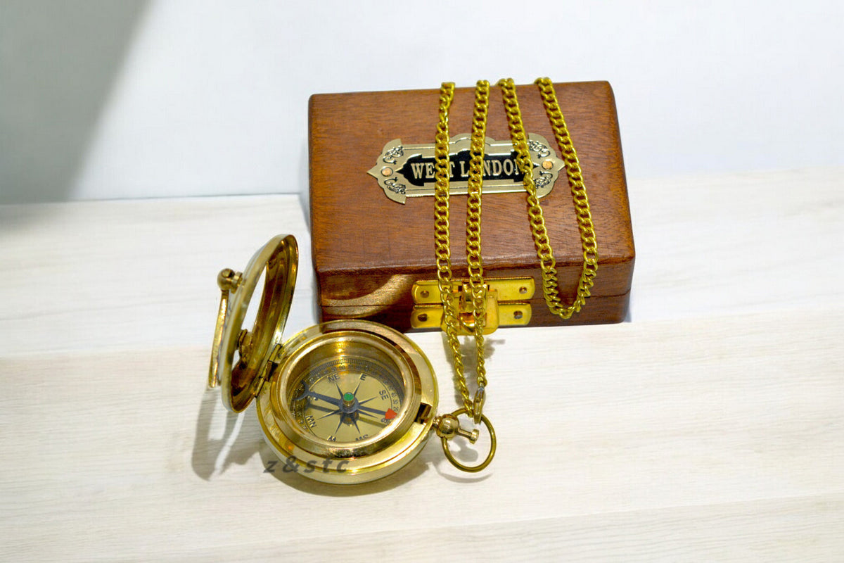 Vintage Brass Push Button Sundial Compass With Wooden Box