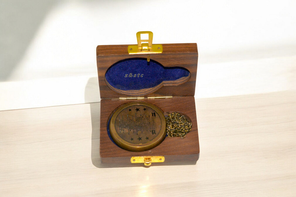 Vintage Style Working Compass in Locket Design with Wooden Gift Box