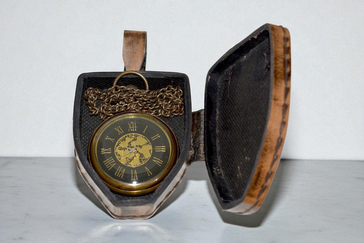 Vintage Brass Pocket Watch with Leather Case – Classic Collectible Timepiece